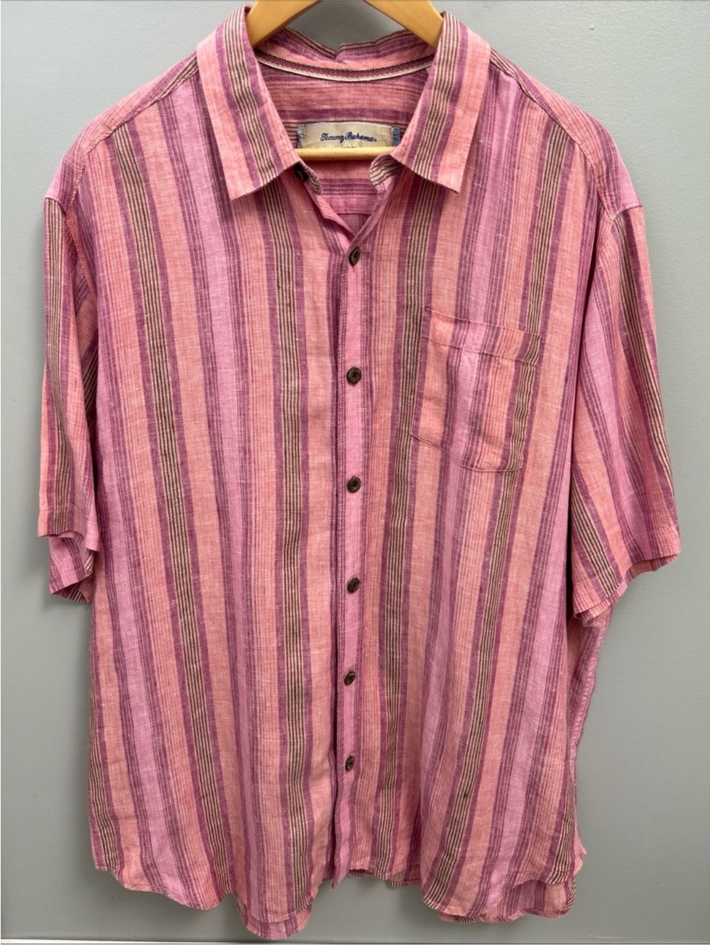 Tommy Bahama 100% Linen Pink and Brown Vertical Stripe Camp Shirt Coastal